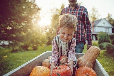 Cute boy and his father with pumpkins in autumn