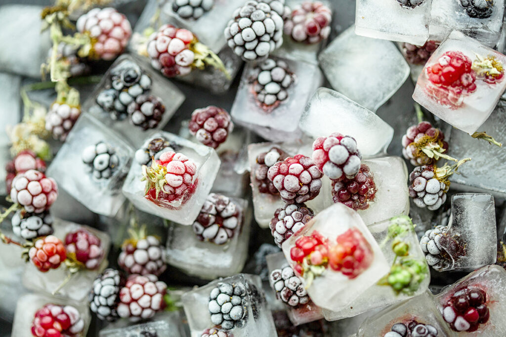 Frozen ice cubes that contain blackberries and raspberries.