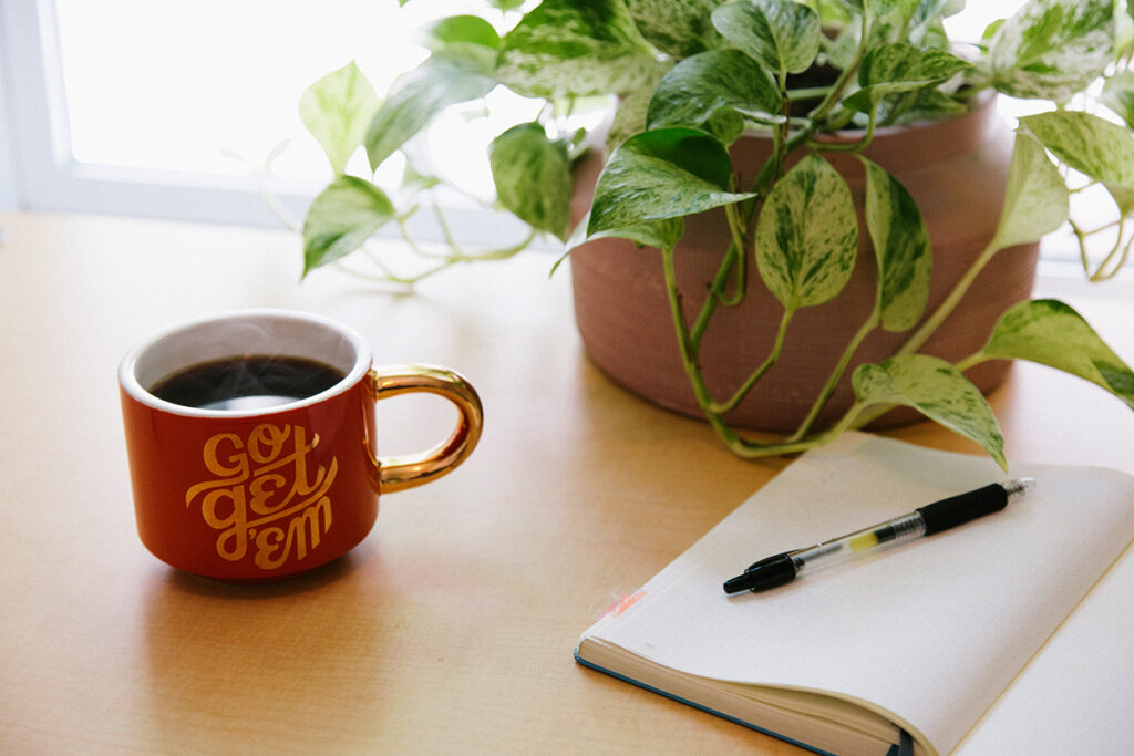 A journal and pen on a table next to a pothos plant.